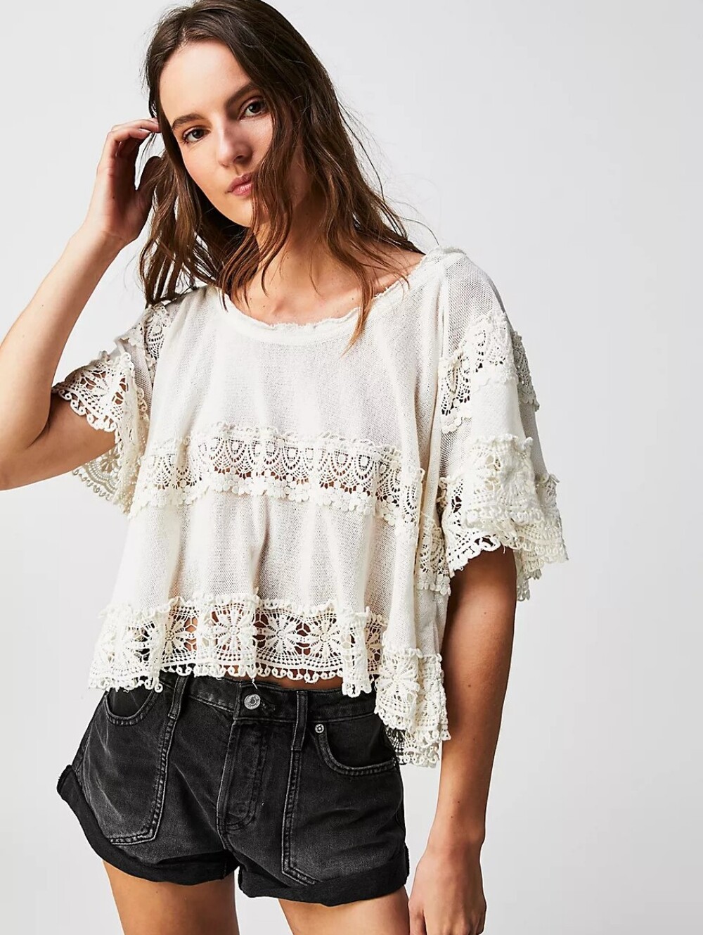 NWTS "Free People" Sweet Street Crochet Lace Flutter Sleeve BohoTop. Size XL
